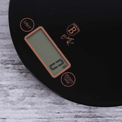  BH/9431, Báscula de cocina digital de vidrio, capacidad 5 kg, color negro y oro rosa, báscula de cocina, redonda, eléctrica/batería, báscula de cocina digital redonda, báscula, utensilios de cocina