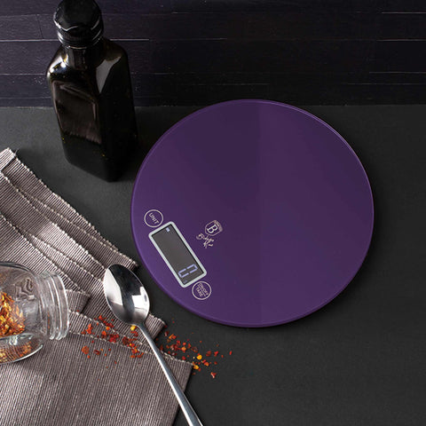 BH/9434, Báscula de cocina digital de vidrio con capacidad de 5 kg, color morado, báscula de cocina, redonda, eléctrica/a pilas, báscula de cocina digital redonda, báscula, utensilios de cocina