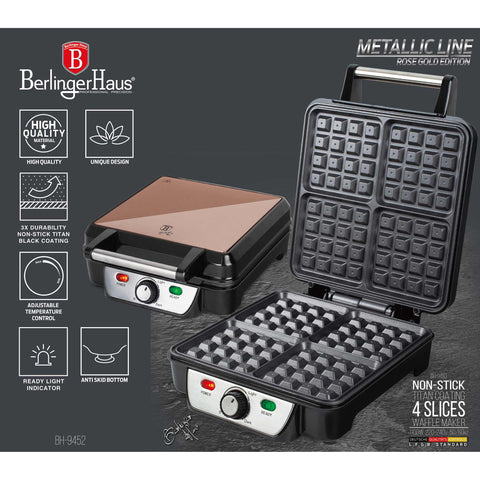 Product image of 4slices waffle maker. Part of the Metallic Line Rose Gold Edition . Features: • Power: 1100W • Voltage: 220-240 V, 50/60Hz • Plate size: 23,9*23,9 cm (1 slice: 11*11 cm) • NON-STICK TITAN black coating on plate • Color: rose .... (Studio view). Official Berlinger Haus product, boosted by Promintra sl.