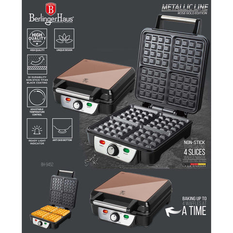 Product image of 4slices waffle maker. Part of the Metallic Line Rose Gold Edition . Features: • Power: 1100W • Voltage: 220-240 V, 50/60Hz • Plate size: 23,9*23,9 cm (1 slice: 11*11 cm) • NON-STICK TITAN black coating on plate • Color: rose .... (Studio view). Official Berlinger Haus product, boosted by Promintra sl.