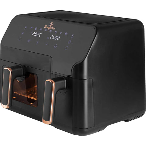 Product image of Dual basket air fryer 5,5L+ 3,5L one side with visible window. Part of the Black Rose Collection . Features: • Power: 220-240V ~ 50Hz 2700W • Temperature control: 80-200℃ • XXXL SIZE: Capacity: 9L=5,5L+3,5L • Non-stick oil tray and food basket - dishwasher.... (Studio view). Official Berlinger Haus product, boosted by Promintra sl.