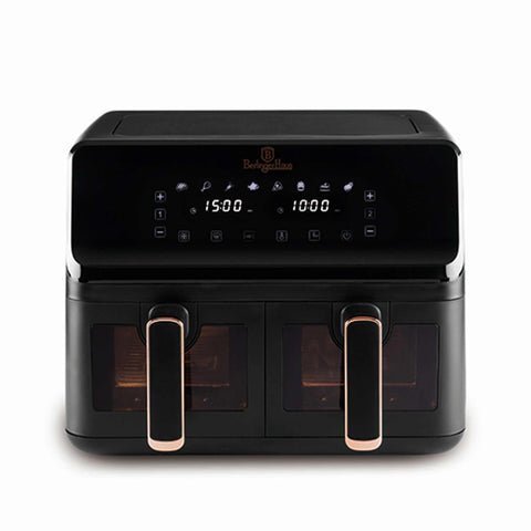 Product image of Dual basket air fryer 4,1L+4,1L with visible windows. Part of the Black Rose Collection . Features: • Power: 220-240V ~ 50Hz 2700W • Temperature control: 80-200℃ • XXXL SIZE: Capacity: 8,2L=4,1L+4,1L • Non-stick oil tray and food basket - dishwash.... (Studio view). Official Berlinger Haus product, boosted by Promintra sl.