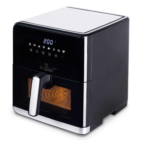 Product image of Air fryer 7,5L visible window. Part of the Black Vantage Collection/Matte Black Collection/Black Silver Collection/Eternal Collection . Features: • Power: 100-127V/220-240V ~ 1700W • Temperature control: 80-200℃ • Include: • XXXL SIZE: Food basket with non-stick coating 7,5L • DIGITAL • Color.... (Studio view). Official Berlinger Haus product, boosted by Promintra sl.