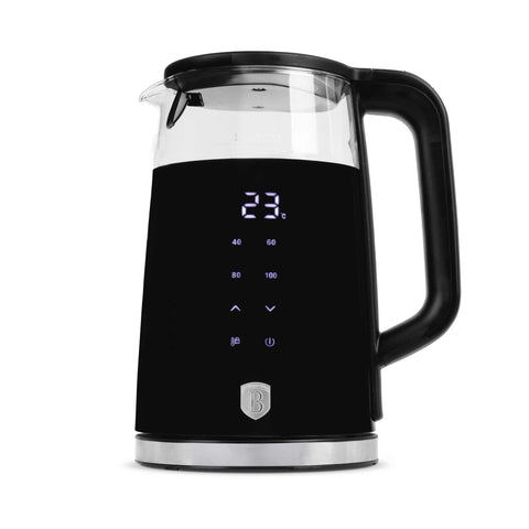 Product image of Digital electric kettle. Part of the Black Vantage Collection/Matte Black Collection/Black Silver Collection . Features: • Material: borosilicate glass and plastic • Capacity: 1,7L • Voltage: 220-240V,50/60Hz • Power: 2200W • Color: black- silver • Digital screen with.... (Studio view). Official Berlinger Haus product, boosted by Promintra sl.