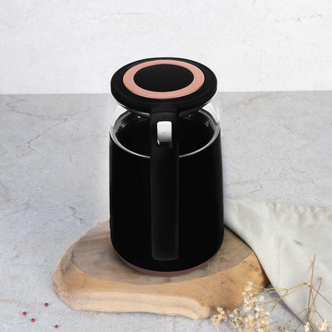 Product image of Digital electric kettle. Part of the Black Rose Collection . Features: • Material: borosilicate glass and plastic • Capacity: 1,7L • Voltage: 220-240V,50/60Hz • Power: 2200W • Color: black- rose • Digital screen with w.... (Studio view). Official Berlinger Haus product, boosted by Promintra sl.