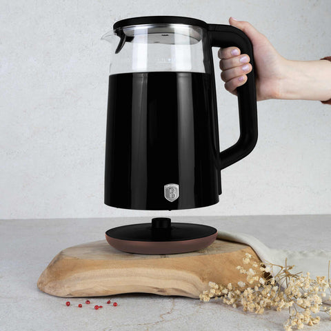 Product image of Digital electric kettle. Part of the Black Rose Collection . Features: • Material: borosilicate glass and plastic • Capacity: 1,7L • Voltage: 220-240V,50/60Hz • Power: 2200W • Color: black- rose • Digital screen with w.... (Studio view). Official Berlinger Haus product, boosted by Promintra sl.