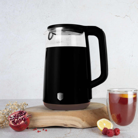 Product image of Digital electric kettle. Part of the Black Rose Collection . Features: • Material: borosilicate glass and plastic • Capacity: 1,7L • Voltage: 220-240V,50/60Hz • Power: 2200W • Color: black- rose • Digital screen with w.... (Studio view). Official Berlinger Haus product, boosted by Promintra sl.
