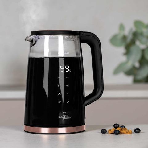 Product image of Digital electric kettle. Part of the Black Rose Collection . Features: • Material: borosilicate glass and plastic • Capacity: 1,7L • Voltage: 220-240V,50/60Hz • Power: 2200W • Color: black- rose • Digital screen with w.... (Studio view). Official Berlinger Haus product, boosted by Promintra sl.