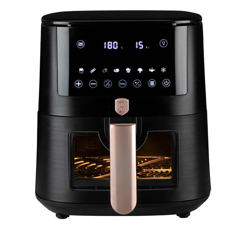 Product image of Air fryer 5L visible window. Part of the Black Rose Collection . Features: • Power: 220-240V ~ 1400W • Temperature control: 40-200℃ • Include: • XL SIZE: food basket with non-stick coating 5L • DIGITAL • Color: black- rose.... (Studio view). Official Berlinger Haus product, boosted by Promintra sl.