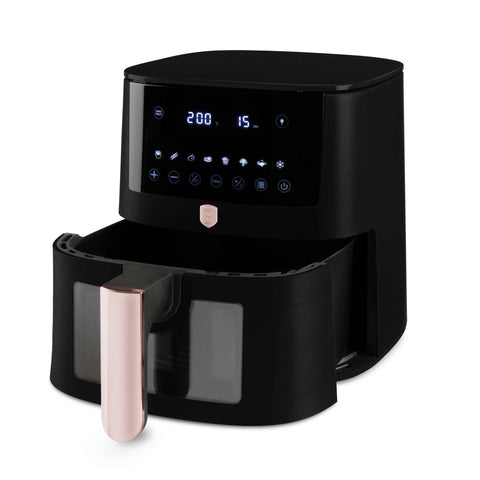 Product image of Air fryer 5L visible window. Part of the Black Rose Collection . Features: • Power: 220-240V ~ 1400W • Temperature control: 40-200℃ • Include: • XL SIZE: food basket with non-stick coating 5L • DIGITAL • Color: black- rose.... (Studio view). Official Berlinger Haus product, boosted by Promintra sl.