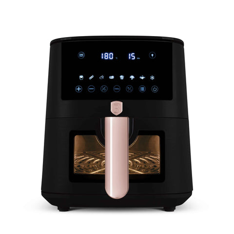 Product image of Air fryer 5L visible window. Part of the Black Rose Collection . Features: • Power: 220-240V ~ 1400W • Temperature control: 40-200℃ • Include: • XL SIZE: food basket with non-stick coating 5L • DIGITAL • Color: black- rose.... (Studio view). Official Berlinger Haus product, boosted by Promintra sl.