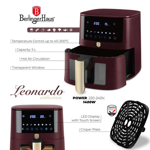  BH/9489,LP,BH,271,Freidora de aire de 5L con ventana visible,Matt Bordeaux,Freidora de aire,Eléctrica,Freidora de aire digital,Freidora de aire sin aceite,Freidora de aire con ventana,Electrodomésticos de cocina