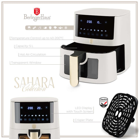 Product image of Air fryer 5L visible window. Part of the Sahara Collection . Features: • Power: 220-240V ~ 1400W • Temperature control: 40-200℃ • Include: • XL SIZE: food basket with non-stick coating 5L • DIGITAL • Color: matt cream. (Studio view). Official Berlinger Haus product, boosted by Promintra sl.
