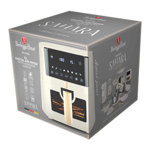 Product image of Air fryer 5L visible window. Part of the Sahara Collection . Features: • Power: 220-240V ~ 1400W • Temperature control: 40-200℃ • Include: • XL SIZE: food basket with non-stick coating 5L • DIGITAL • Color: matt cream. (Studio view). Official Berlinger Haus product, boosted by Promintra sl.