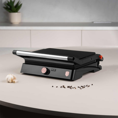  BH/9492, Parrilla eléctrica con bandeja recogedora de aceite, Negro, Oro rosa, Parrilla eléctrica b., Eléctrica, Parrilla eléctrica de mesa, Parrilla de interior, Parrilla de contacto