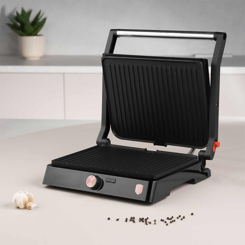  BH/9492, Parrilla eléctrica con bandeja recogedora de aceite, Negro, Oro rosa, Parrilla eléctrica b., Eléctrica, Parrilla eléctrica de mesa, Parrilla de interior, Parrilla de contacto