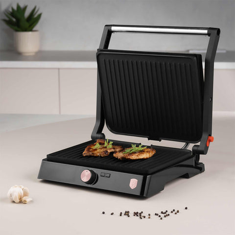  BH/9492, Parrilla eléctrica con bandeja recogedora de aceite, Negro, Oro rosa, Parrilla eléctrica b., Eléctrica, Parrilla eléctrica de mesa, Parrilla de interior, Parrilla de contacto