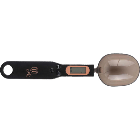 Product image of Digital spoon scale. Part of the Black Rose Collection . Features: • Material: plastic • Weighing range: 0,1-500 g • Size: 23*5*2,3 cm • Weight unit: g/oz/ct/gn • Battery: 1*CR2032 (not included) • Color: black. (Studio view). Official Berlinger Haus product, boosted by Promintra sl.