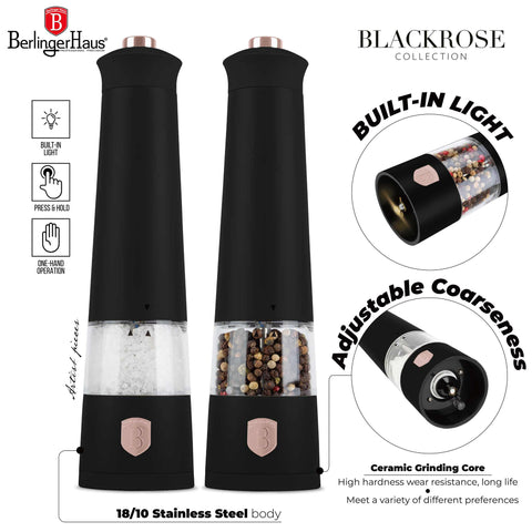Product image of Electric pepper and salt mill 2pcs set. Part of the Black Rose Collection . Features: • Material: stainless steel with CERAMIC grinder • Batteries: 4 pcs AAA (not inc.) • WITH LIGHT • Color: black- rose gold • 2 pcs set. (Conceptual view). Official Berlinger Haus product, boosted by Promintra sl.