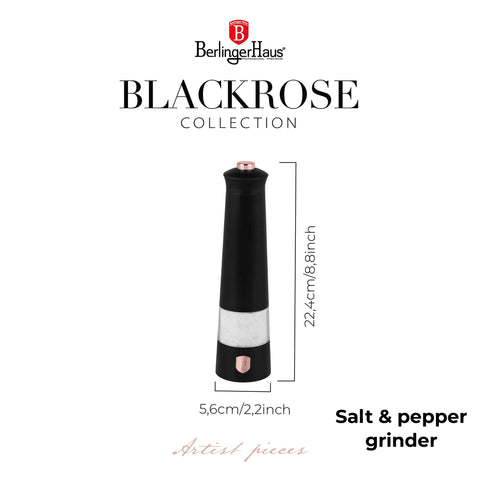 Product image of Electric pepper and salt mill 2pcs set. Part of the Black Rose Collection . Features: • Material: plastic with CERAMIC grinder • Batteries: 4 pcs AAA (not inc.) • WITH LIGHT • Color: black- rose gold • 2 pcs set. (Studio view). Official Berlinger Haus product, boosted by Promintra sl.