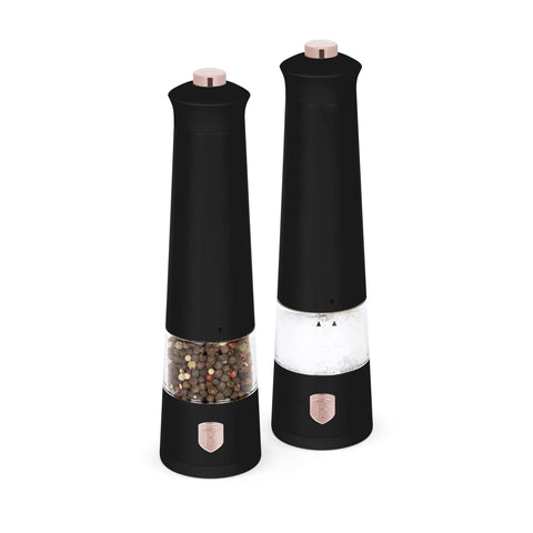 Product image of Electric pepper and salt mill 2pcs set. Part of the Black Rose Collection . Features: • Material: plastic with CERAMIC grinder • Batteries: 4 pcs AAA (not inc.) • WITH LIGHT • Color: black- rose gold • 2 pcs set. (Studio view). Official Berlinger Haus product, boosted by Promintra sl.
