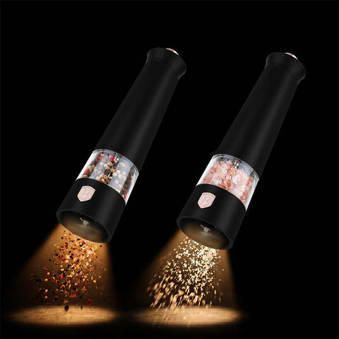 Product image of Electric pepper and salt mill 2pcs set. Part of the Black Rose Collection . Features: • Material: plastic with CERAMIC grinder • Batteries: 4 pcs AAA (not inc.) • WITH LIGHT • Color: black- rose gold • 2 pcs set. (Studio view). Official Berlinger Haus product, boosted by Promintra sl.