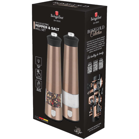  BH/9500, Juego de 2 molinillos eléctricos de sal y pimienta, oro rosa, juego de molinillos de sal y pimienta, eléctrico/batería, juego de molinillos eléctricos de sal y pimienta, juego de molinillos de sal y pimienta, utensilios de cocina, molinillo de sal y pimienta