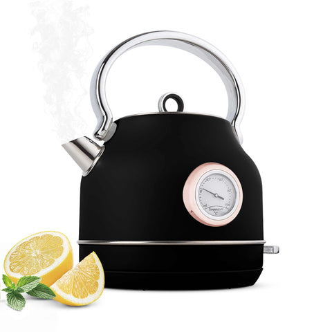 Product image of Electric kettle with thermometer. Part of the Black Rose Collection . Features: • Material: 18/10 stainless steel • Capacity: 1,7L • Voltage: 220-240V,50/60Hz • Power: 2200W • Size: 26*20*28 cm • Length of power cord: 75 cm • C.... (Studio view). Official Berlinger Haus product, boosted by Promintra sl.