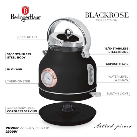 Product image of Electric kettle with thermometer. Part of the Black Rose Collection . Features: • Material: 18/10 stainless steel • Capacity: 1,7L • Voltage: 220-240V,50/60Hz • Power: 2200W • Size: 26*20*28 cm • Length of power cord: 75 cm • C.... (Studio view). Official Berlinger Haus product, boosted by Promintra sl.