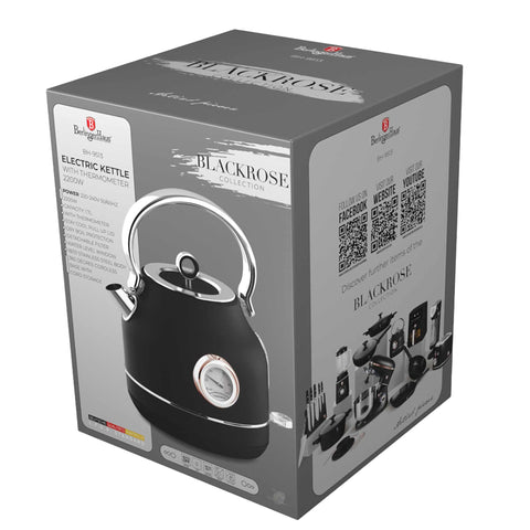 Product image of Electric kettle with thermometer. Part of the Black Rose Collection . Features: • Material: 18/10 stainless steel • Capacity: 1,7L • Voltage: 220-240V,50/60Hz • Power: 2200W • Size: 26*20*28 cm • Length of power cord: 75 cm • C.... (Studio view). Official Berlinger Haus product, boosted by Promintra sl.