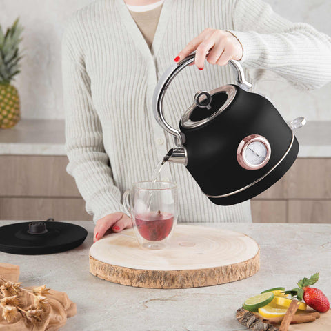 Product image of Electric kettle with thermometer. Part of the Black Rose Collection . Features: • Material: 18/10 stainless steel • Capacity: 1,7L • Voltage: 220-240V,50/60Hz • Power: 2200W • Size: 26*20*28 cm • Length of power cord: 75 cm • C.... (Studio view). Official Berlinger Haus product, boosted by Promintra sl.