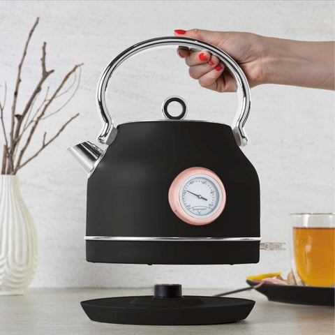 Product image of Electric kettle with thermometer. Part of the Black Rose Collection . Features: • Material: 18/10 stainless steel • Capacity: 1,7L • Voltage: 220-240V,50/60Hz • Power: 2200W • Size: 26*20*28 cm • Length of power cord: 75 cm • C.... (Studio view). Official Berlinger Haus product, boosted by Promintra sl.
