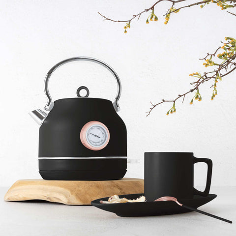 Product image of Electric kettle with thermometer. Part of the Black Rose Collection . Features: • Material: 18/10 stainless steel • Capacity: 1,7L • Voltage: 220-240V,50/60Hz • Power: 2200W • Size: 26*20*28 cm • Length of power cord: 75 cm • C.... (Studio view). Official Berlinger Haus product, boosted by Promintra sl.