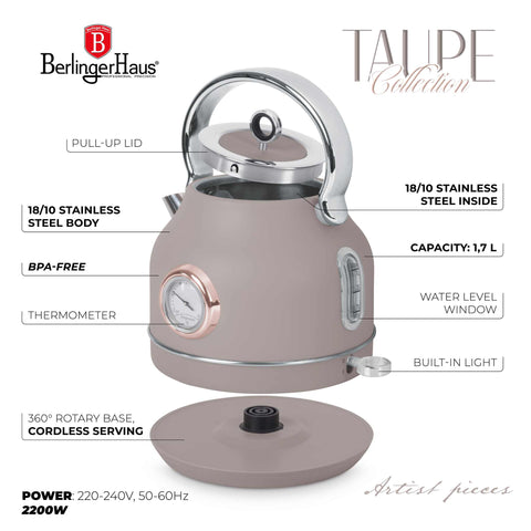 Product image of Electric kettle with thermometer. Part of the Taupe Collection . Features: • Material: 18/10 stainless steel • Capacity: 1,7L • Voltage: 220-240V,50/60Hz • Power: 2200W • Size: 26*20*28 cm • Length of power cord: 75 cm • C.... (Studio view). Official Berlinger Haus product, boosted by Promintra sl.