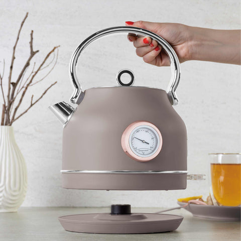 Product image of Electric kettle with thermometer. Part of the Taupe Collection . Features: • Material: 18/10 stainless steel • Capacity: 1,7L • Voltage: 220-240V,50/60Hz • Power: 2200W • Size: 26*20*28 cm • Length of power cord: 75 cm • C.... (Studio view). Official Berlinger Haus product, boosted by Promintra sl.