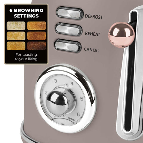 Product image of Toaster. Part of the Taupe Collection . Features: • Material: metal, aluminium • Voltage: 220-240 V, 50/60Hz • Power: 850W • Length of power cord: 80 cm • Color: matt taupe. (Studio view). Official Berlinger Haus product, boosted by Promintra sl.