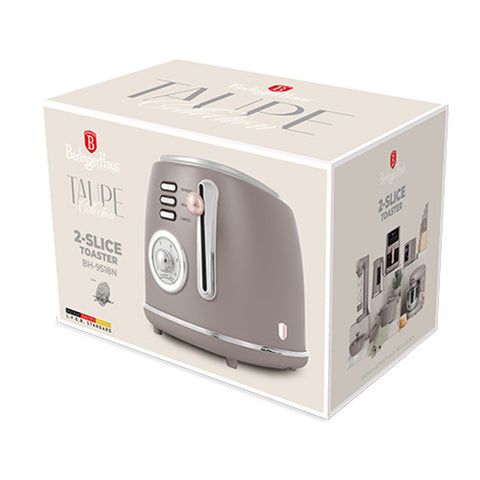 Product image of Toaster. Part of the Taupe Collection . Features: • Material: metal, aluminium • Voltage: 220-240 V, 50/60Hz • Power: 850W • Length of power cord: 80 cm • Color: matt taupe. (Studio view). Official Berlinger Haus product, boosted by Promintra sl.