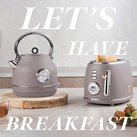 Product image of Toaster. Part of the Taupe Collection . Features: • Material: metal, aluminium • Voltage: 220-240 V, 50/60Hz • Power: 850W • Length of power cord: 80 cm • Color: matt taupe. (Studio view). Official Berlinger Haus product, boosted by Promintra sl.