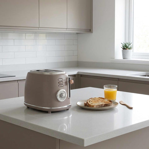 Product image of Toaster. Part of the Taupe Collection . Features: • Material: metal, aluminium • Voltage: 220-240 V, 50/60Hz • Power: 850W • Length of power cord: 80 cm • Color: matt taupe. (Studio view). Official Berlinger Haus product, boosted by Promintra sl.