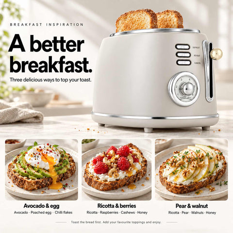 Product image of Toaster. Part of the Sahara Collection . Features: • Material: metal, aluminium • Voltage: 220-240 V, 50/60Hz • Power: 850W • Length of power cord: 80 cm • Color: matt cream. (Studio view). Official Berlinger Haus product, boosted by Promintra sl.