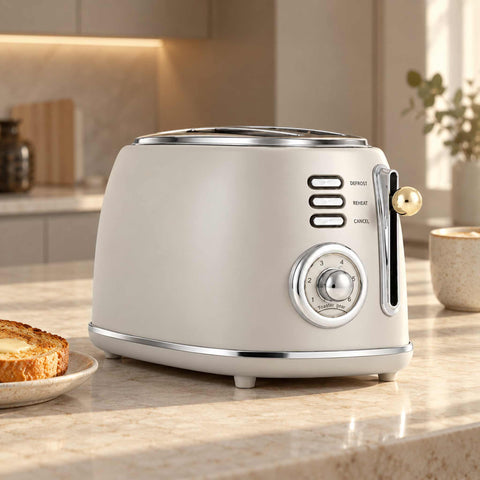 Product image of Toaster. Part of the Sahara Collection . Features: • Material: metal, aluminium • Voltage: 220-240 V, 50/60Hz • Power: 850W • Length of power cord: 80 cm • Color: matt cream. (Studio view). Official Berlinger Haus product, boosted by Promintra sl.