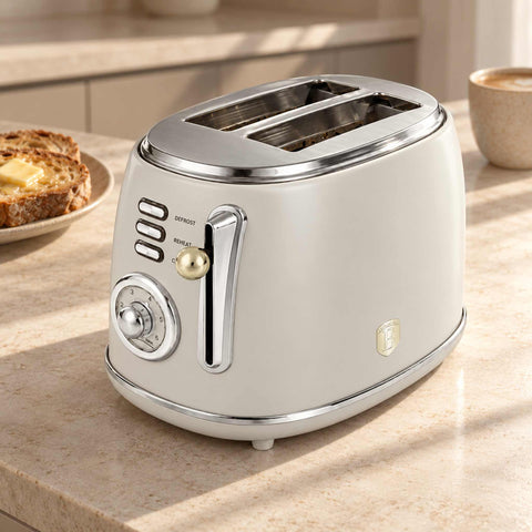 Product image of Toaster. Part of the Sahara Collection . Features: • Material: metal, aluminium • Voltage: 220-240 V, 50/60Hz • Power: 850W • Length of power cord: 80 cm • Color: matt cream. (Studio view). Official Berlinger Haus product, boosted by Promintra sl.