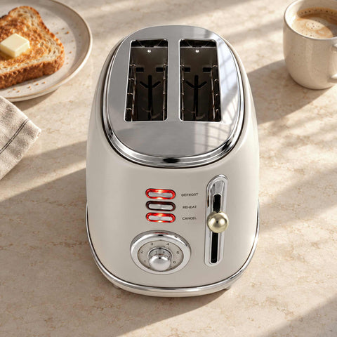 Product image of Toaster. Part of the Sahara Collection . Features: • Material: metal, aluminium • Voltage: 220-240 V, 50/60Hz • Power: 850W • Length of power cord: 80 cm • Color: matt cream. (Studio view). Official Berlinger Haus product, boosted by Promintra sl.