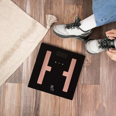  BH/9528, Báscula digital de baño BODYFAT de vidrio con capacidad de 180 kg, color negro y oro rosa, báscula de baño con grasa corporal, eléctrica/batería, báscula de baño digital, báscula de grasa corporal, accesorios de cocina, báscula de baño