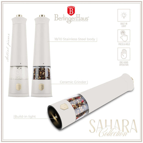 Product image of Electric pepper and salt mill 2pcs set. Part of the Sahara Collection . Features: • Material: stainless steel with CERAMIC grinder • Batteries: 4 pcs AAA (not inc.) • WITH LIGHT • Color: matt cream • 2 pcs set. (Conceptual view). Official Berlinger Haus product, boosted by Promintra sl.