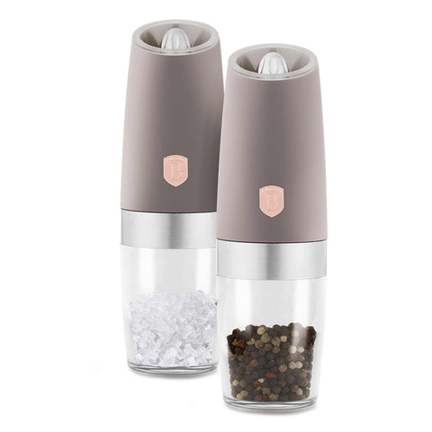Product image of Gravity pepper and salt mill 2pcs set. Part of the Taupe Collection . Features: • Material: plastic with CERAMIC grinder • Batteries: 6 pcs AAA (not inc.) • WITH LIGHT • Color: matt taupe • 2 pcs set. (Conceptual view). Official Berlinger Haus product, boosted by Promintra sl.