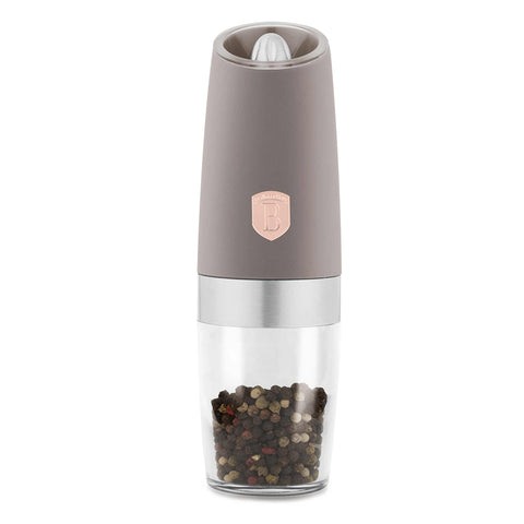Product image of Gravity pepper and salt mill 2pcs set. Part of the Taupe Collection . Features: • Material: plastic with CERAMIC grinder • Batteries: 6 pcs AAA (not inc.) • WITH LIGHT • Color: matt taupe • 2 pcs set. (Conceptual view). Official Berlinger Haus product, boosted by Promintra sl.