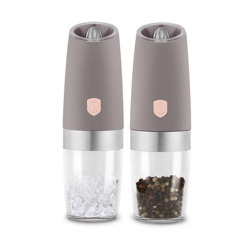 Product image of Gravity pepper and salt mill 2pcs set. Part of the Taupe Collection . Features: • Material: plastic with CERAMIC grinder • Batteries: 6 pcs AAA (not inc.) • WITH LIGHT • Color: matt taupe • 2 pcs set. (Conceptual view). Official Berlinger Haus product, boosted by Promintra sl.