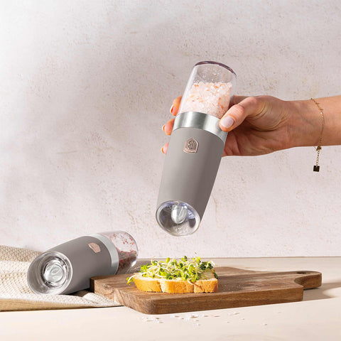 Product image of Gravity pepper and salt mill 2pcs set. Part of the Taupe Collection . Features: • Material: plastic with CERAMIC grinder • Batteries: 6 pcs AAA (not inc.) • WITH LIGHT • Color: matt taupe • 2 pcs set. (Conceptual view). Official Berlinger Haus product, boosted by Promintra sl.