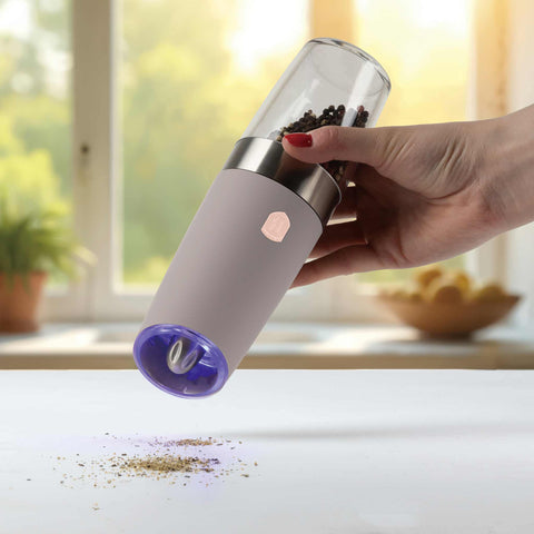 Product image of Gravity pepper and salt mill 2pcs set. Part of the Taupe Collection . Features: • Material: plastic with CERAMIC grinder • Batteries: 6 pcs AAA (not inc.) • WITH LIGHT • Color: matt taupe • 2 pcs set. (Conceptual view). Official Berlinger Haus product, boosted by Promintra sl.